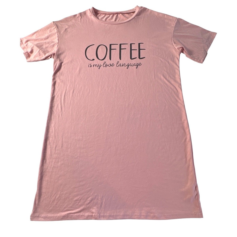 Pink Graphic Coffee Tee‎ Dress Women's Casual Lounge Shirt Dress Size M New